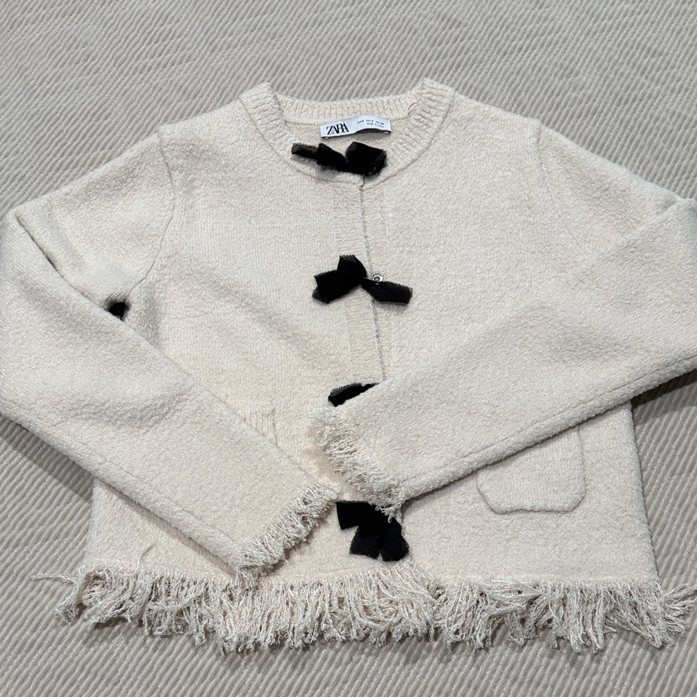 Zara Cream Bouclé Jacket with Black Bow Accents
